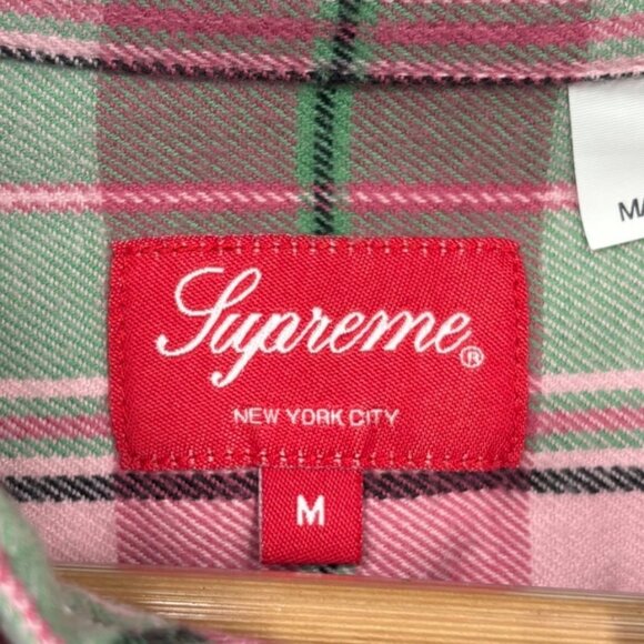 SUPREME Plaid Flannel Shirt FW22 Men's M Button Down Cotton Collared Pink Green - Picture 7 of 11